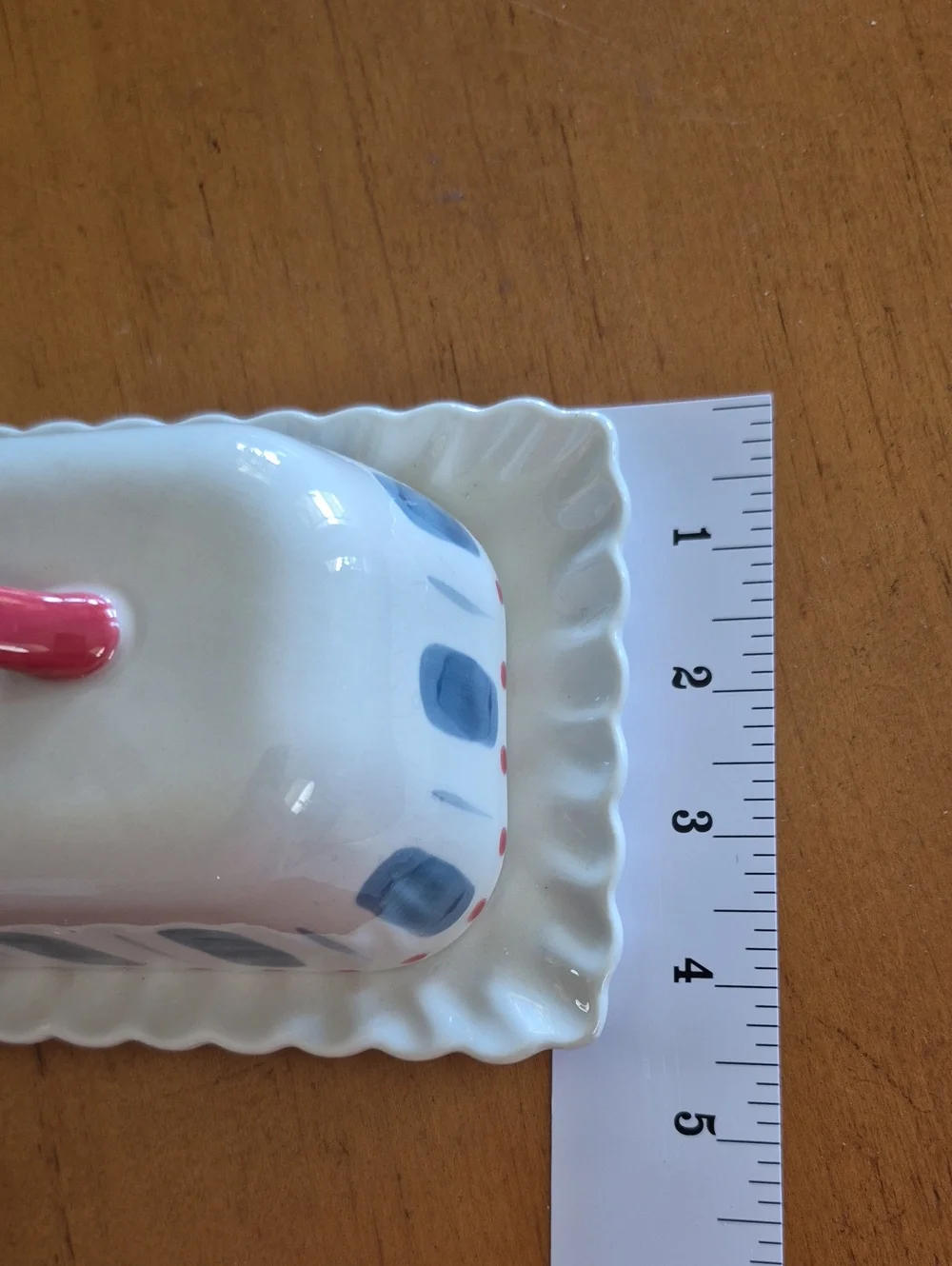Anthropologie Ceramic Butter Dish with Red Handle and Blue Accent